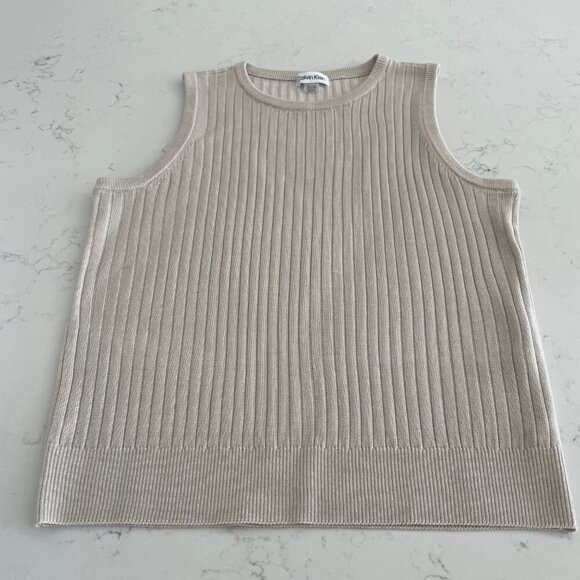 Calvin Klein Neutral Slvless Crew Neck Acrylic Ribbed Knit Top Taupe/Cream Sz S - Picture 9 of 9
